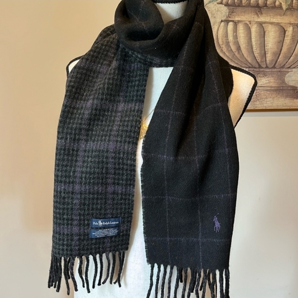 Polo Ralph Lauren Lambswool Reversible Plaid Fringe Scarf Black Gray Purple